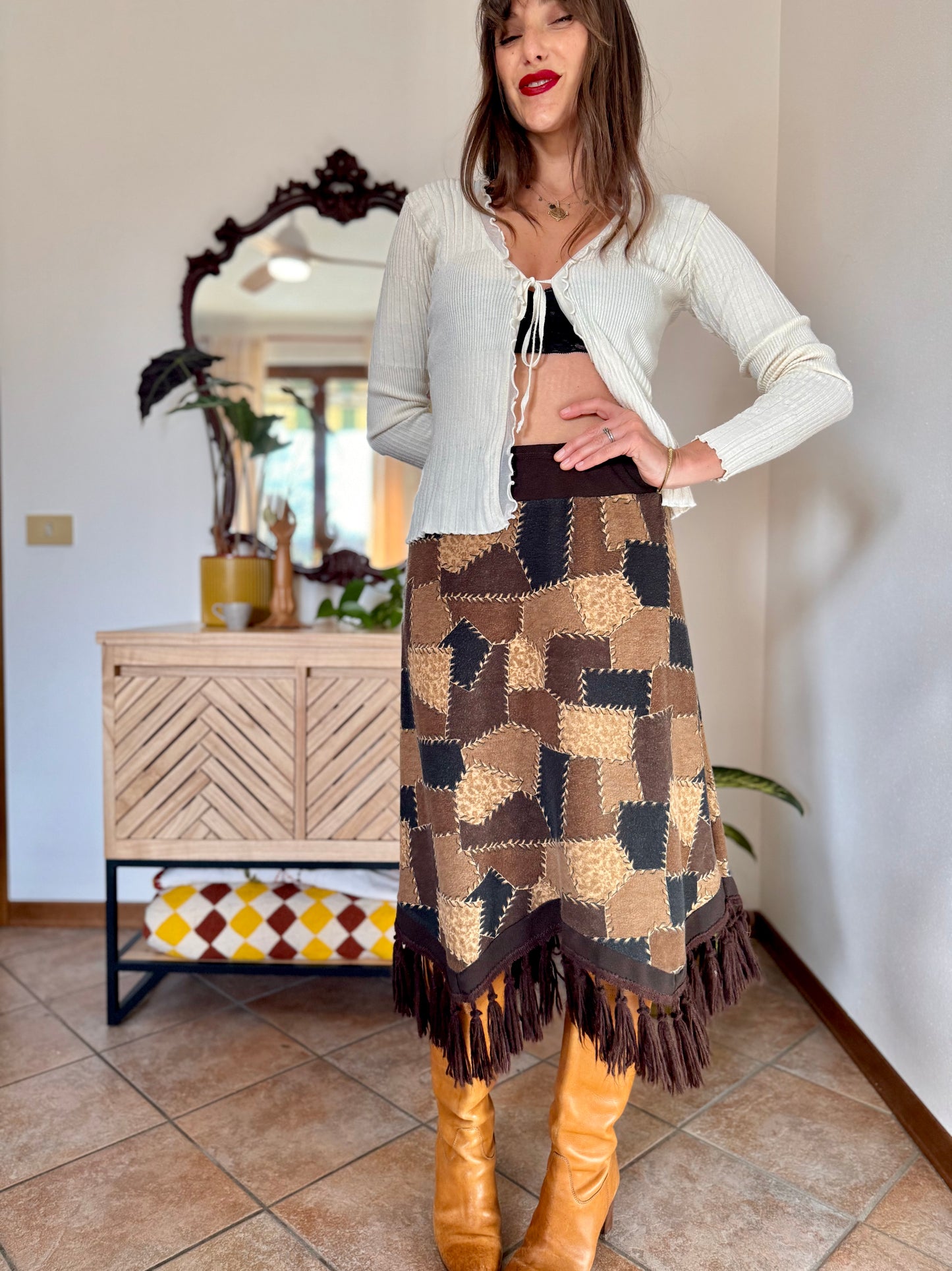 1970's vintage western style black and brown patchwork print midi skirt with fringe trim