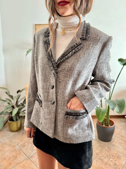 1990's vintage grey wool tweed blazer with fringe detailing