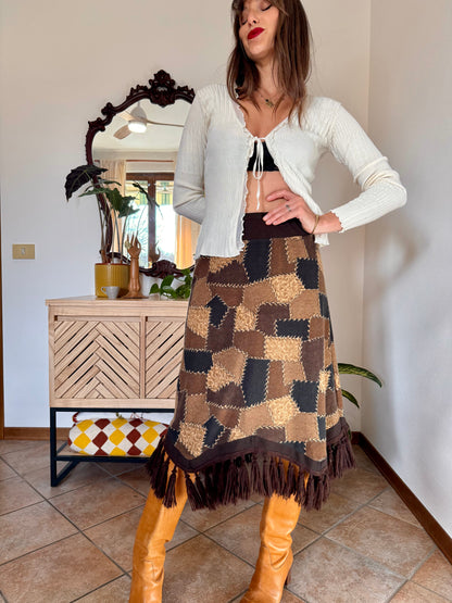 1970's vintage western style black and brown patchwork print midi skirt with fringe trim