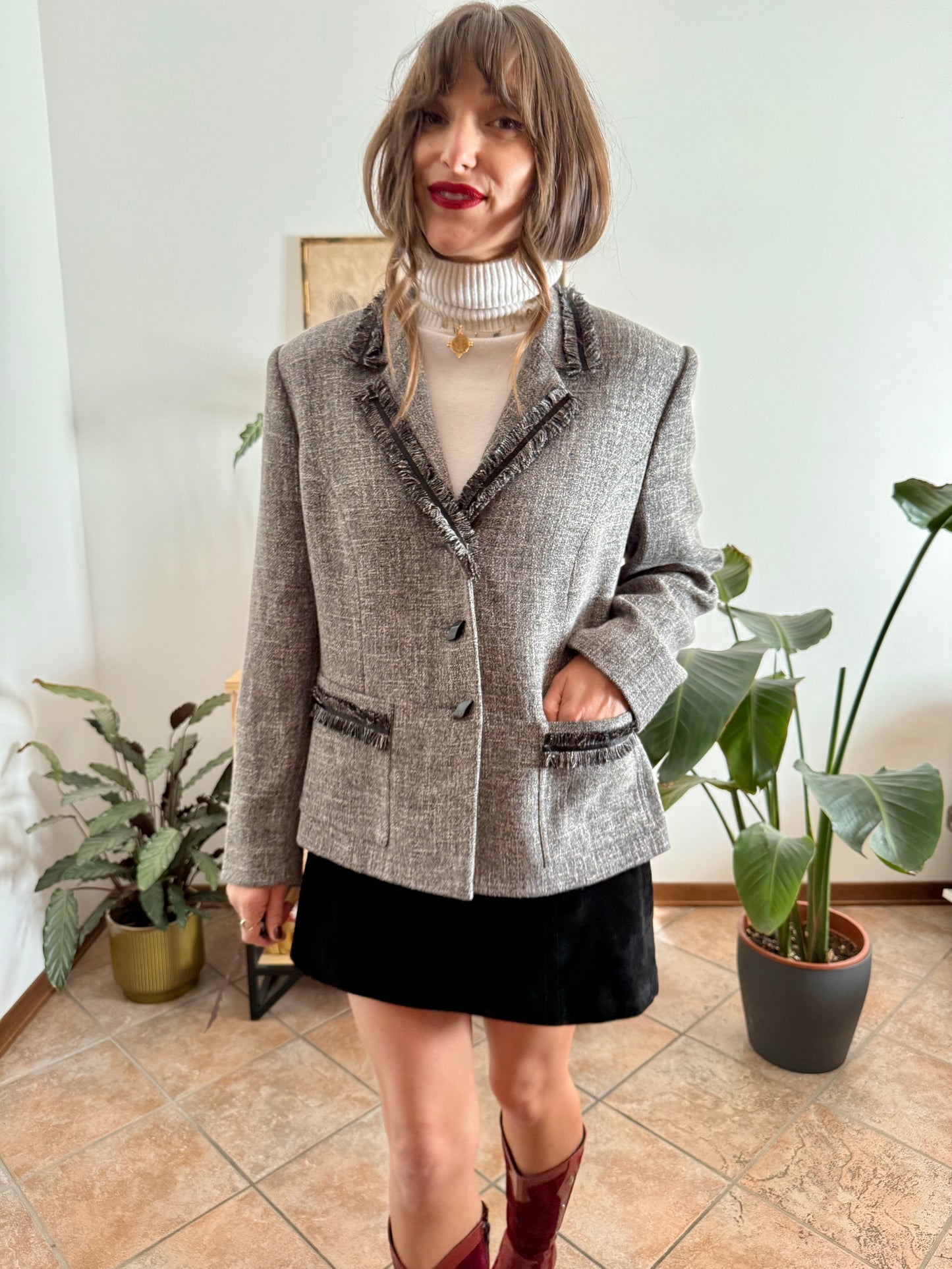 1990's vintage grey wool tweed blazer with fringe detailing