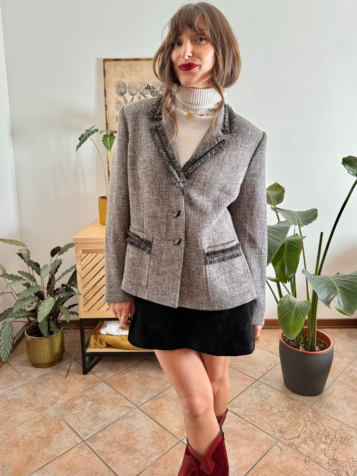 1990's vintage grey wool tweed blazer with fringe detailing