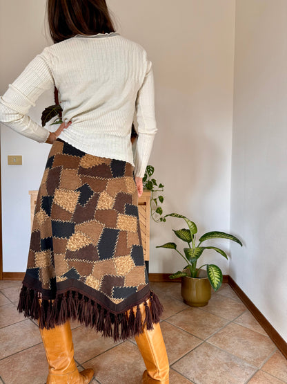 1970's vintage western style black and brown patchwork print midi skirt with fringe trim