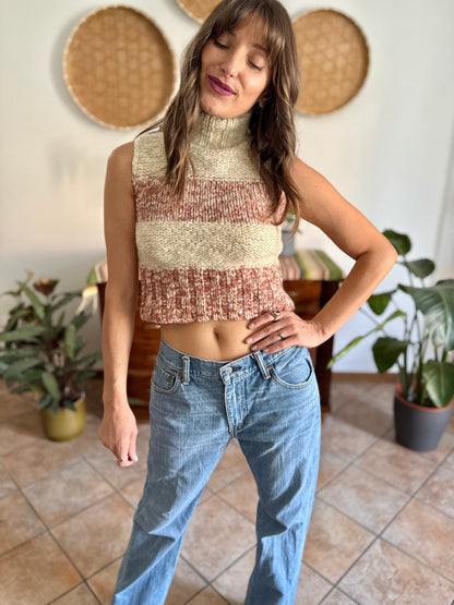 Y2k vintage cream and burgundy stripe  knit cropped knit turtleneck