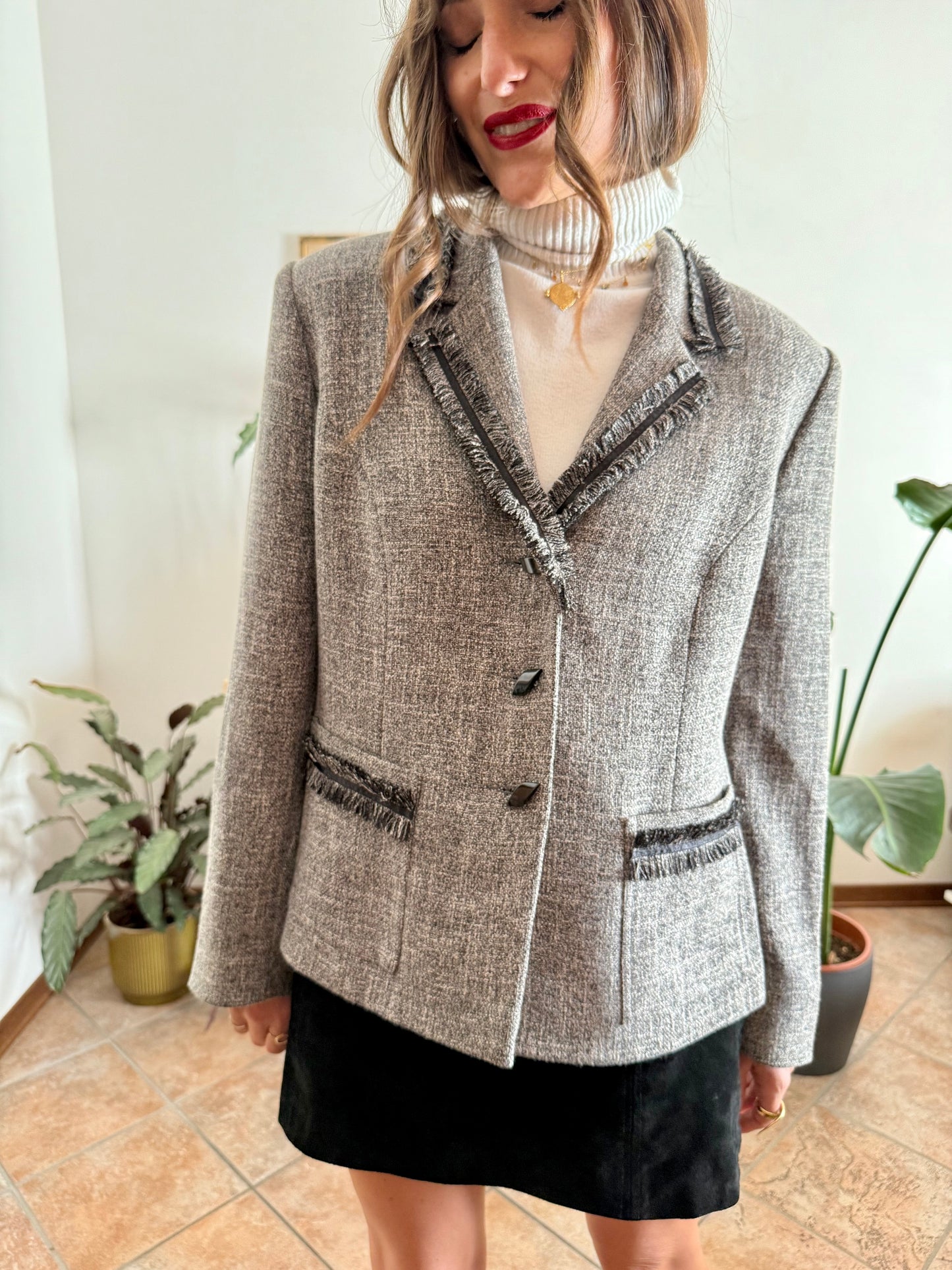 1990's vintage grey wool tweed blazer with fringe detailing