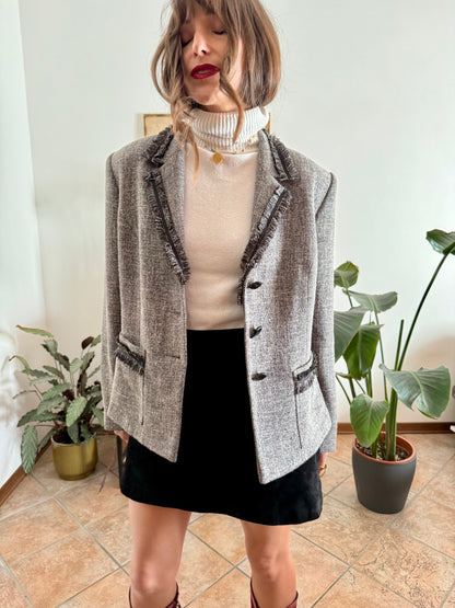 1990's vintage grey wool tweed blazer with fringe detailing