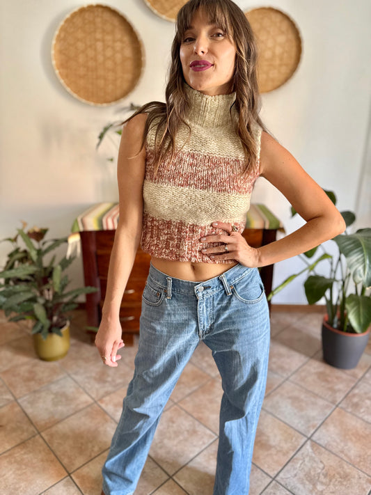 Y2k vintage cream and burgundy stripe  knit cropped knit turtleneck