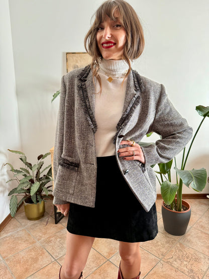 1990's vintage grey wool tweed blazer with fringe detailing
