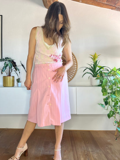 1980's vintage light pink pleated midi skirt with light blue pin striping