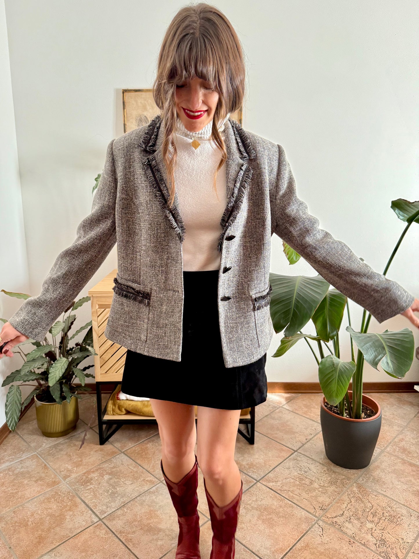 1990's vintage grey wool tweed blazer with fringe detailing