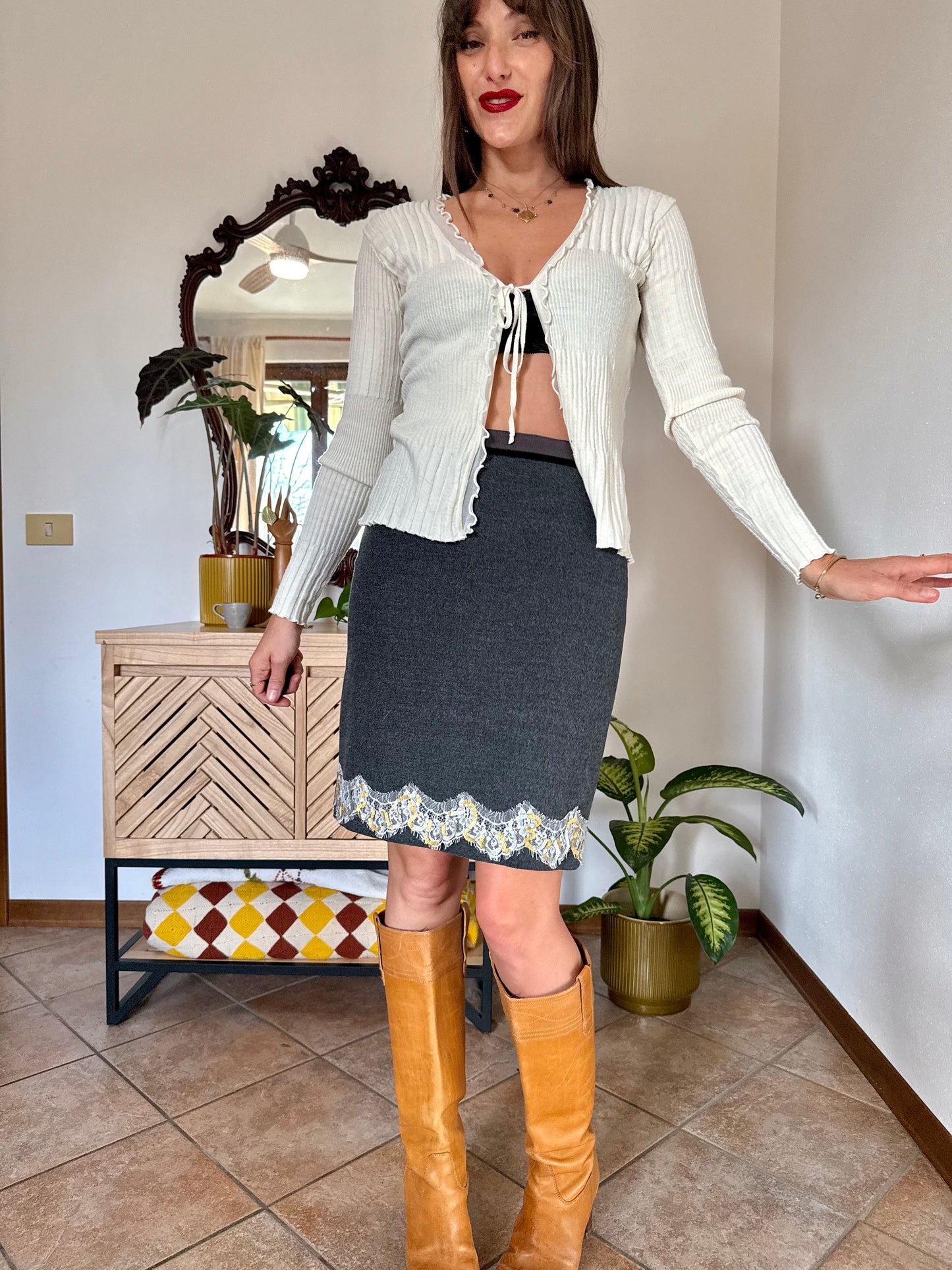 Y2k vintage charcoal grey skirt with white lace and gold sequin detailing