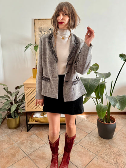 1990's vintage grey wool tweed blazer with fringe detailing