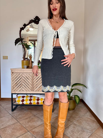 Y2k vintage charcoal grey skirt with white lace and gold sequin detailing