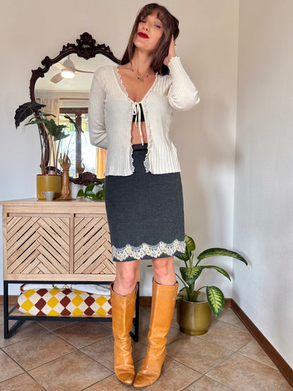 Y2k vintage charcoal grey skirt with white lace and gold sequin detailing