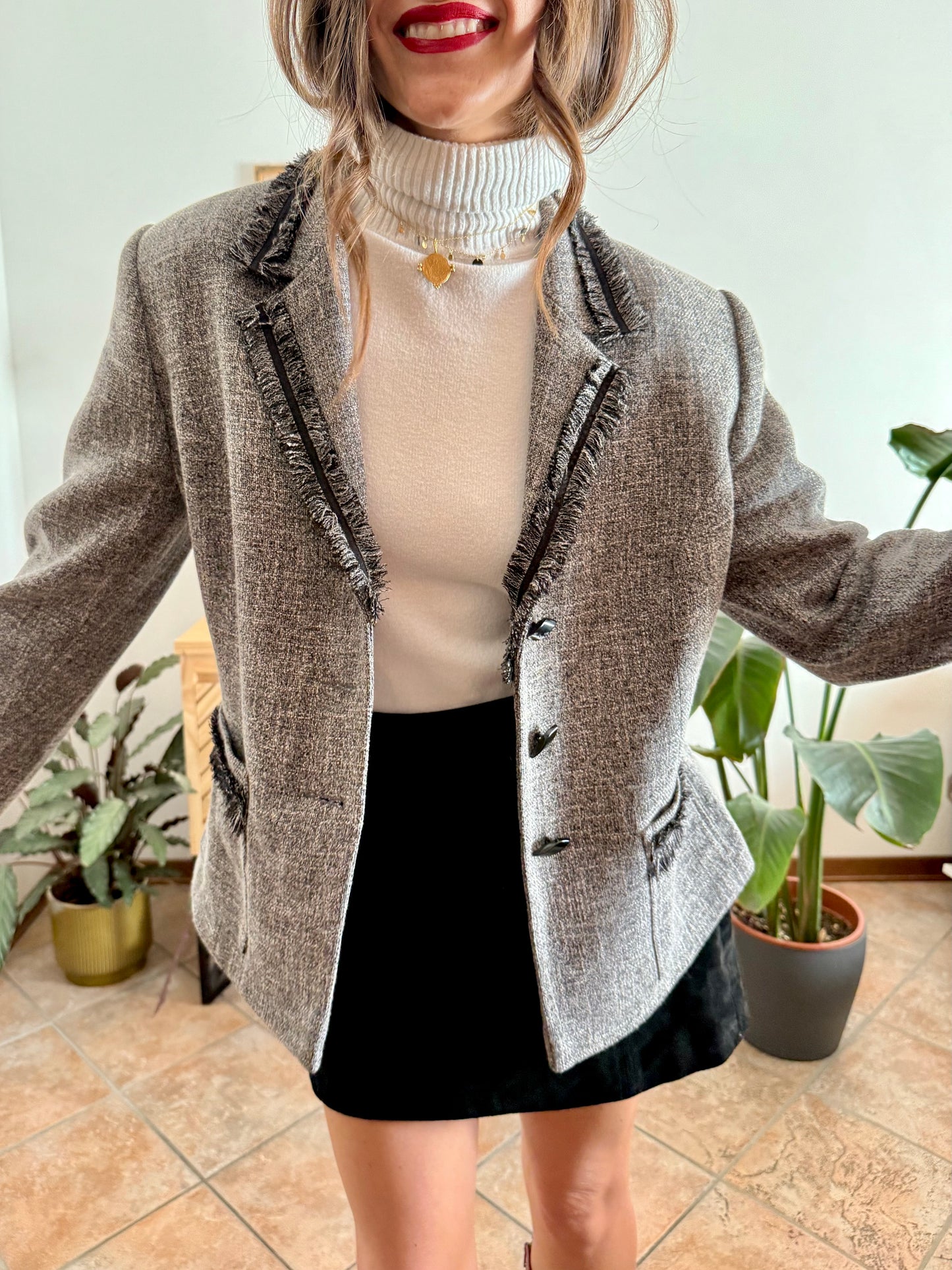 1990's vintage grey wool tweed blazer with fringe detailing