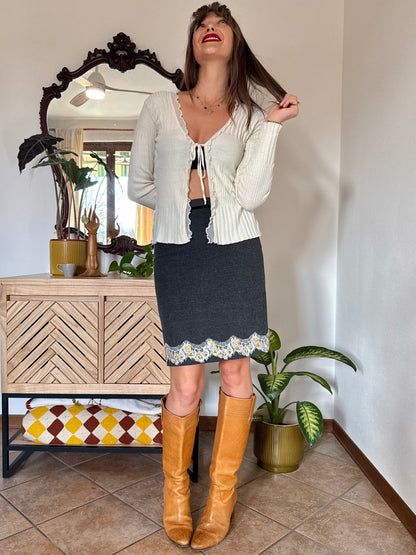 Y2k vintage charcoal grey skirt with white lace and gold sequin detailing