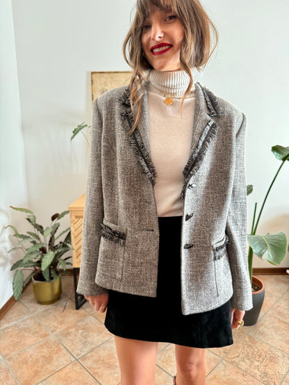 1990's vintage grey wool tweed blazer with fringe detailing