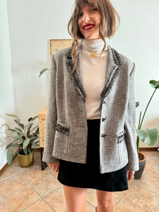 1990's vintage grey wool tweed blazer with fringe detailing