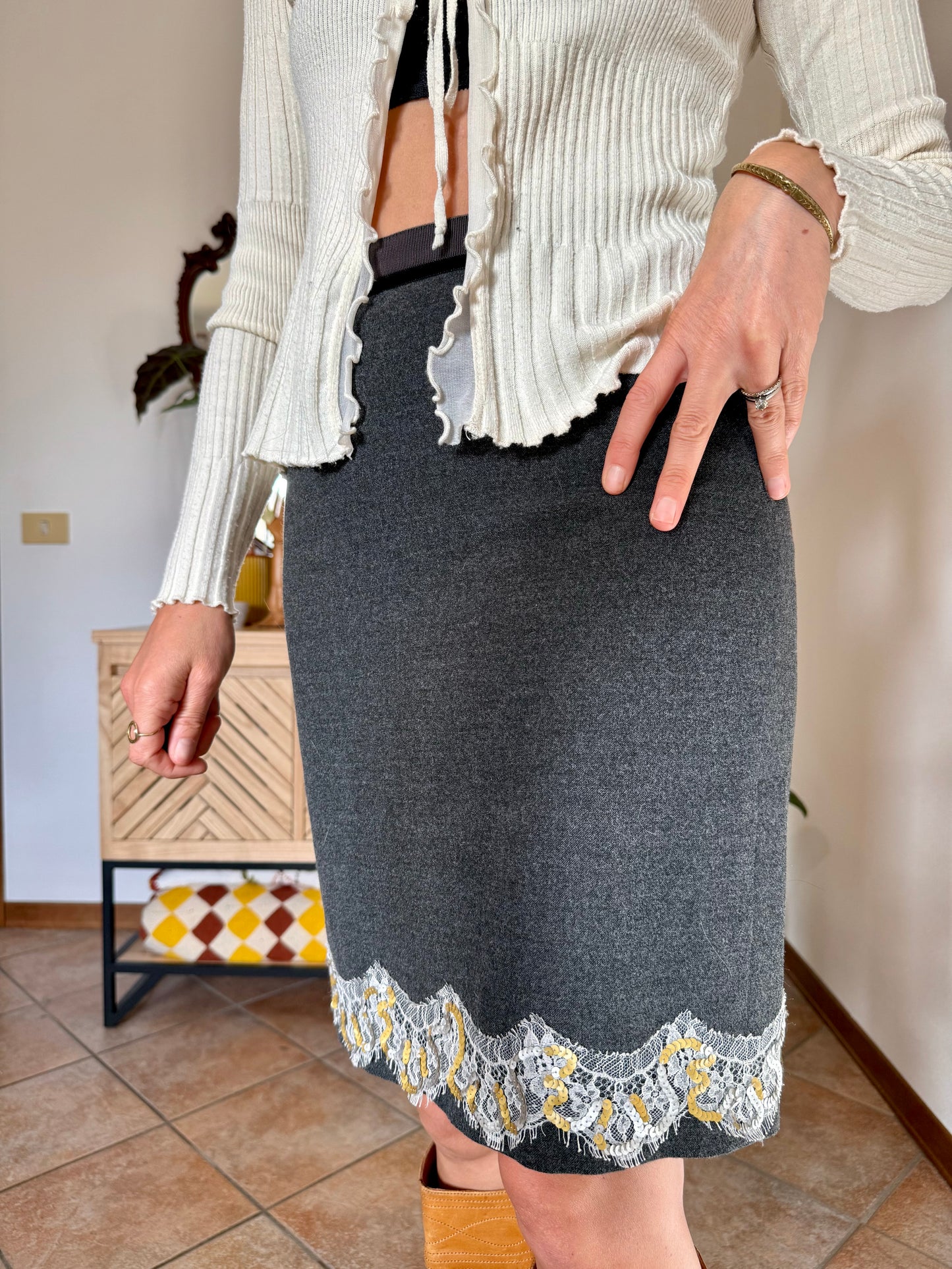 Y2k vintage charcoal grey skirt with white lace and gold sequin detailing