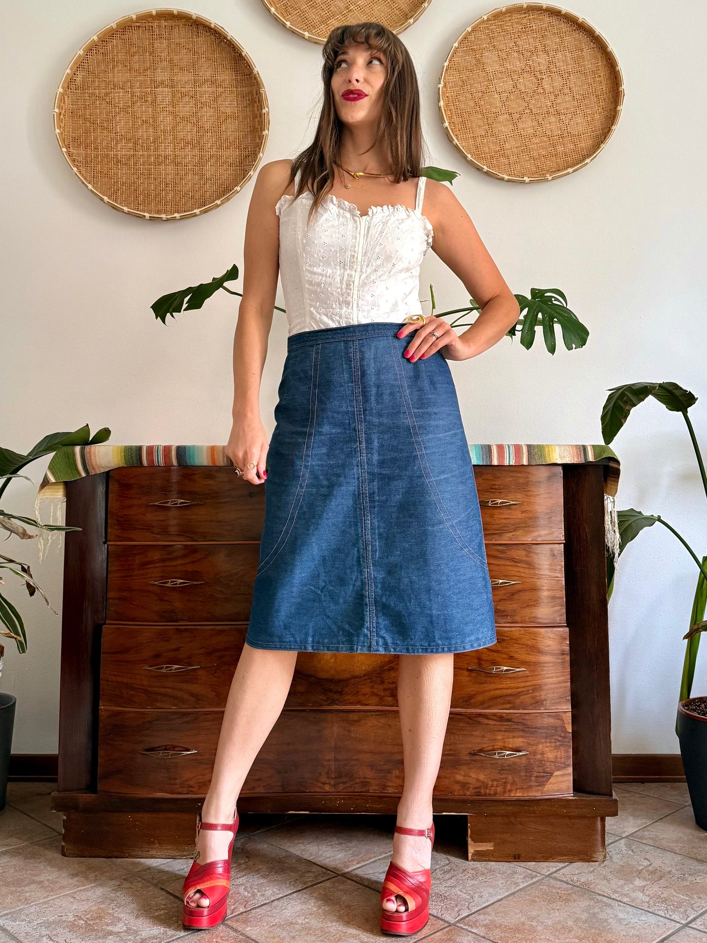 1970's vintage true blue denim midi skirt with yellow stitching