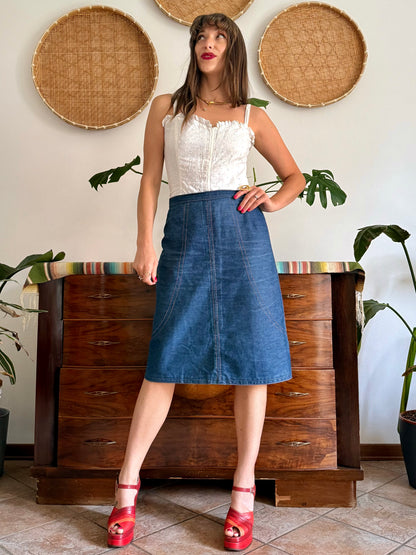1970's vintage true blue denim midi skirt with yellow stitching