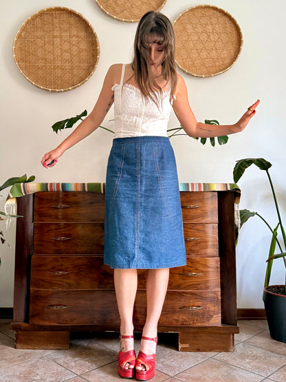 1970's vintage true blue denim midi skirt with yellow stitching