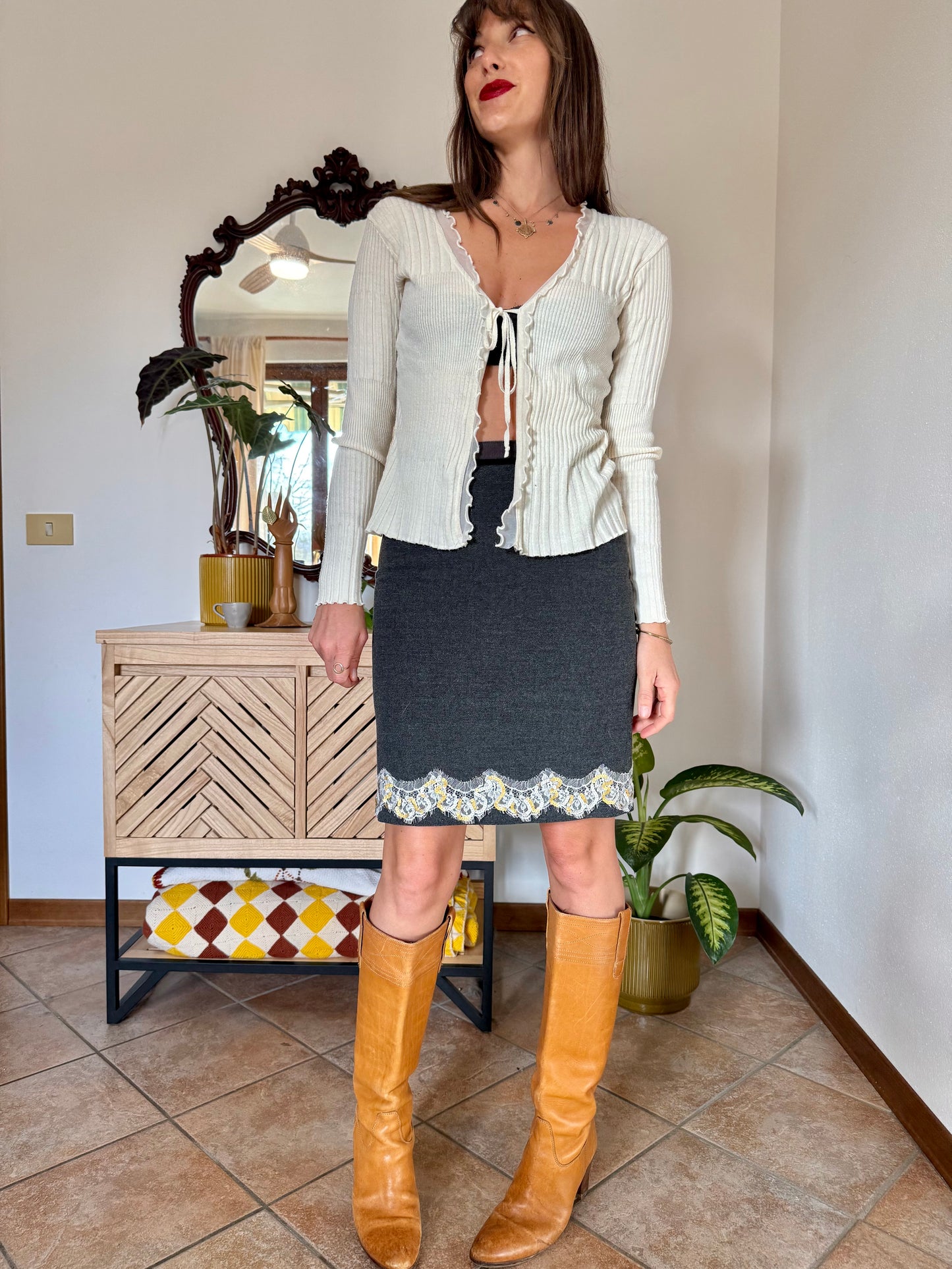 Y2k vintage charcoal grey skirt with white lace and gold sequin detailing