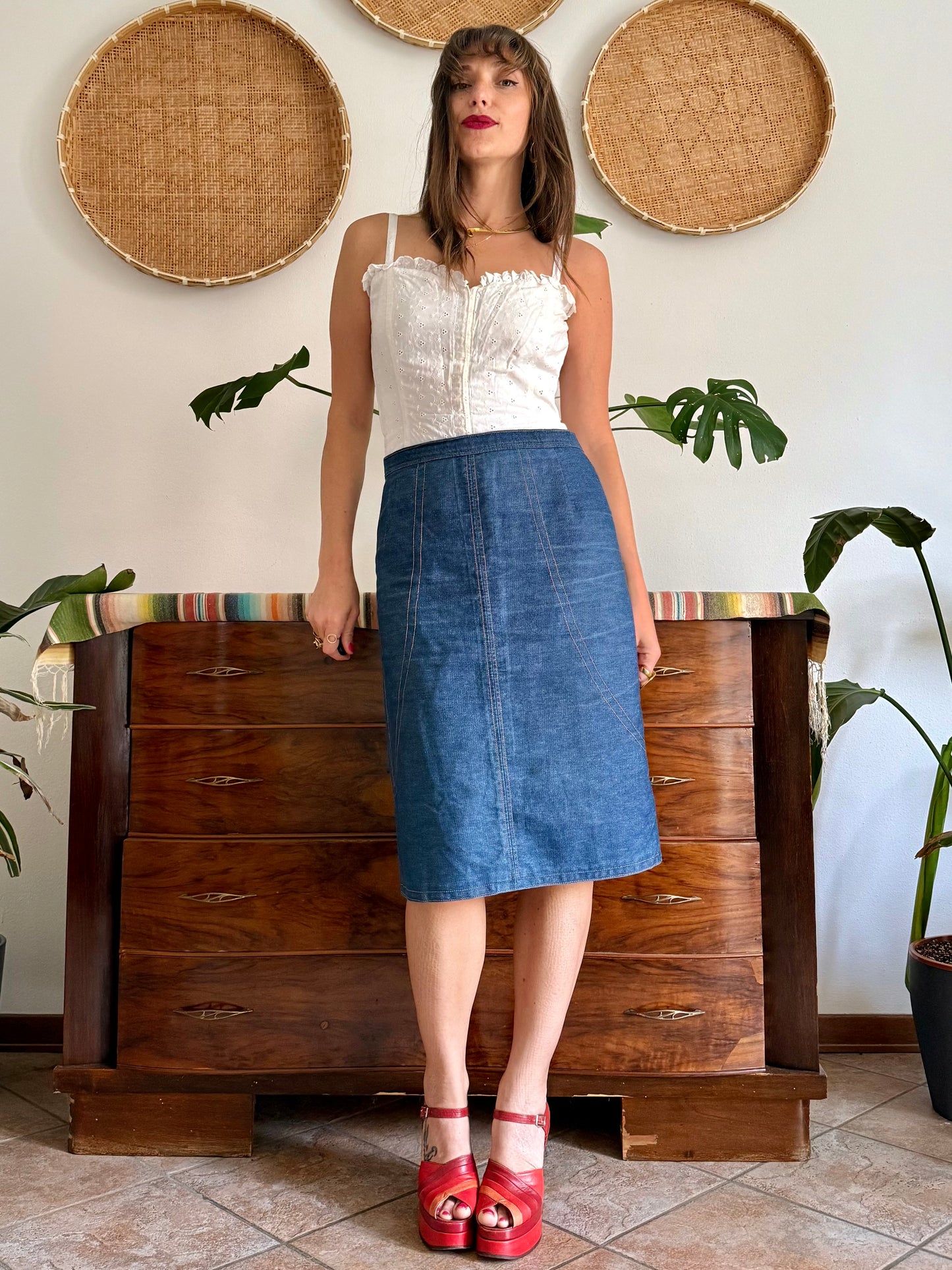 1970's vintage true blue denim midi skirt with yellow stitching