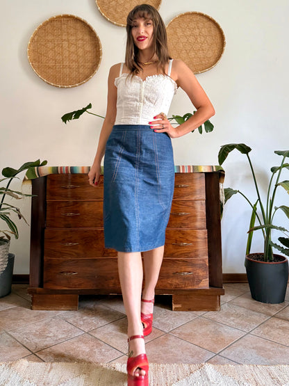 1970's vintage true blue denim midi skirt with yellow stitching