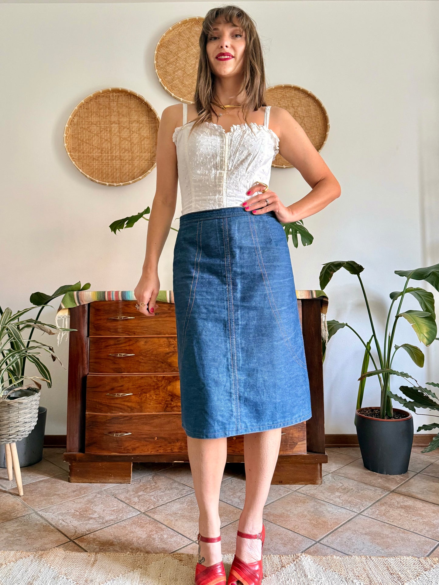 1970's vintage true blue denim midi skirt with yellow stitching