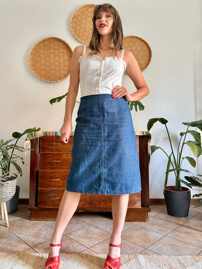 1970's vintage true blue denim midi skirt with yellow stitching