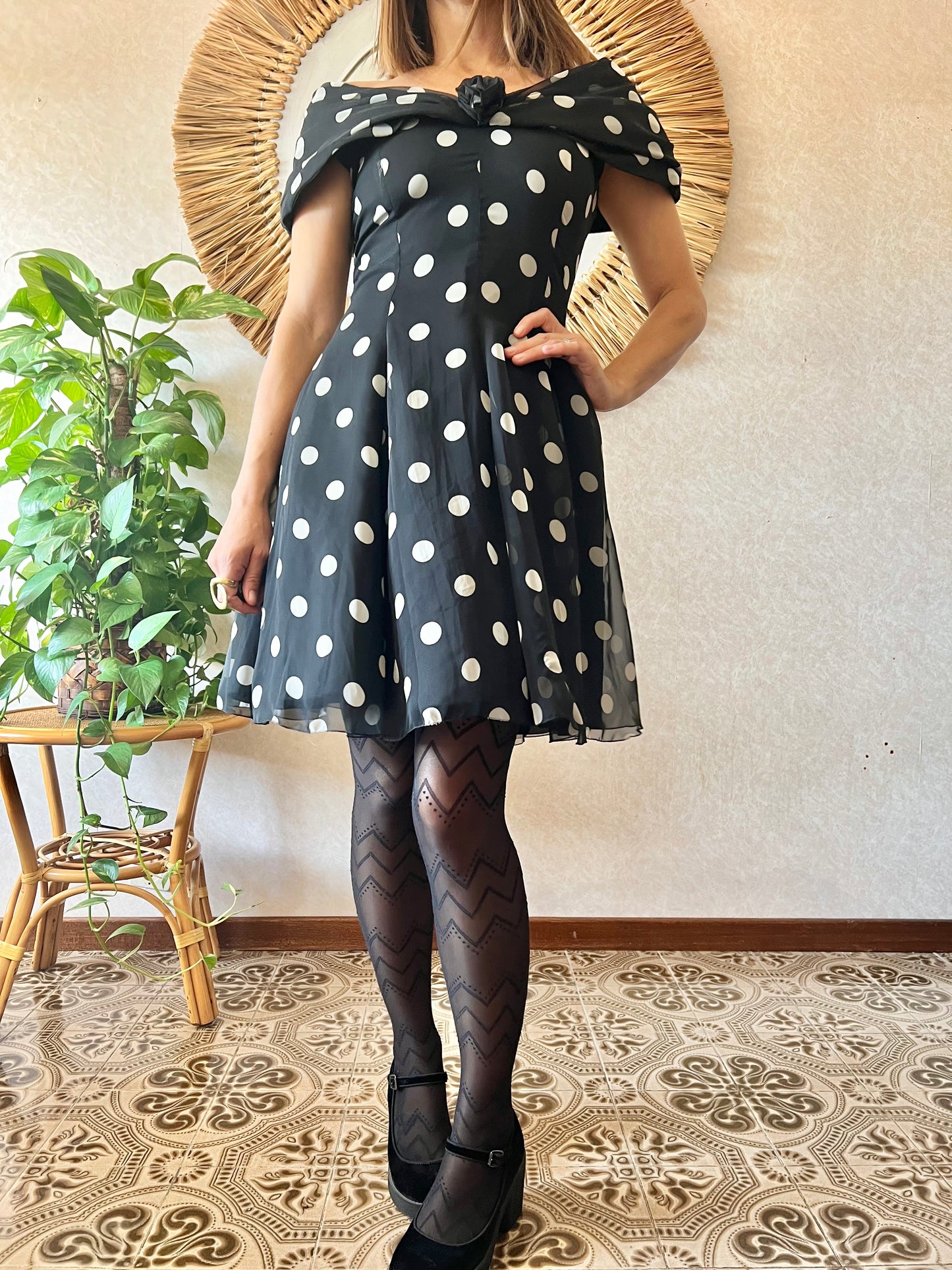 1980's vintage off the shoulder black and white polka dot mini dress