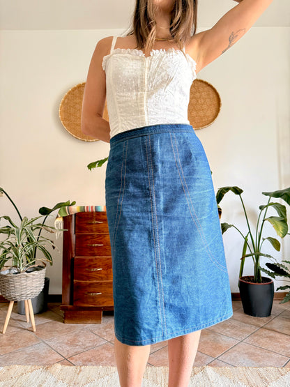 1970's vintage true blue denim midi skirt with yellow stitching