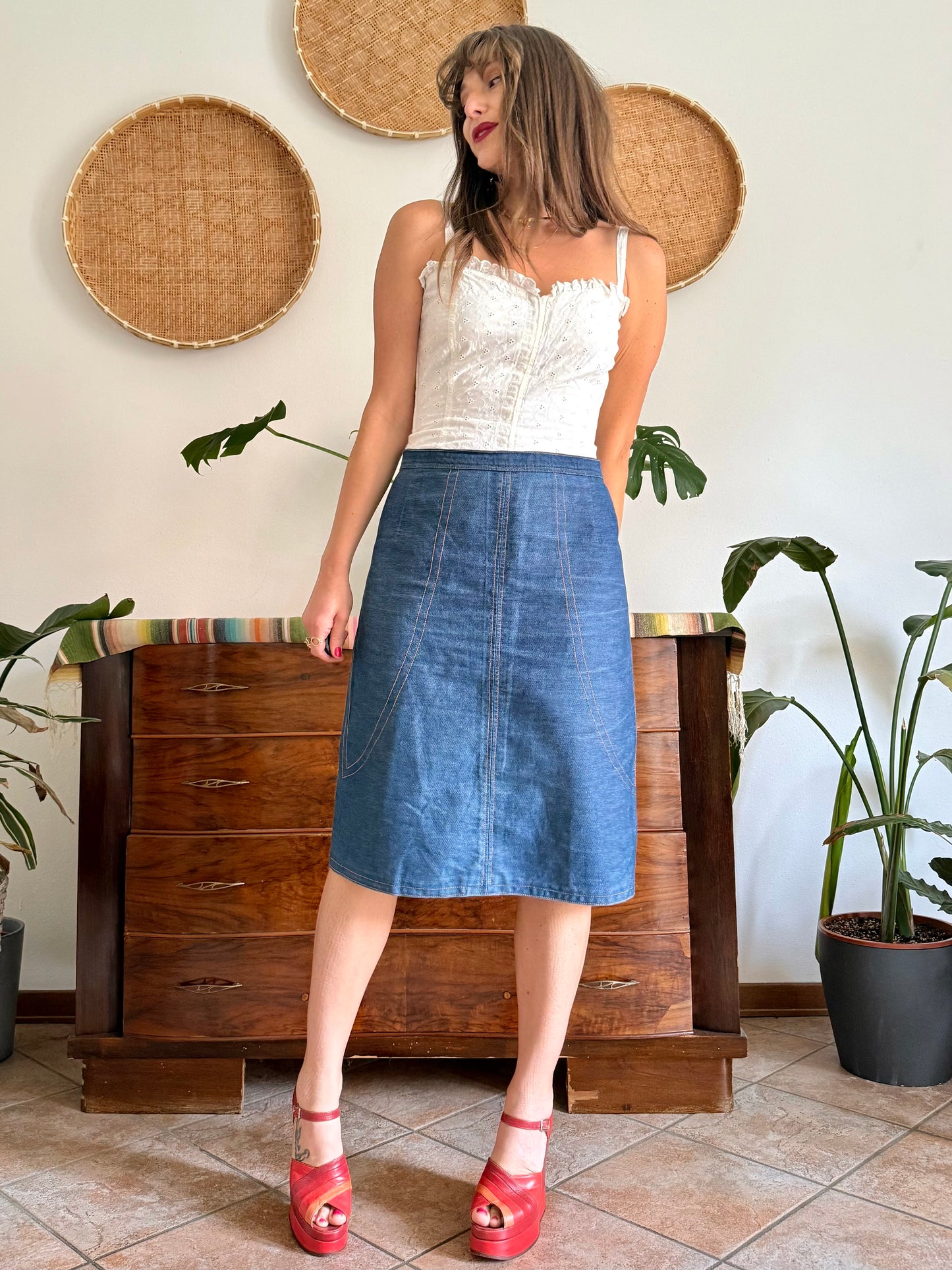 1970's vintage true blue denim midi skirt with yellow stitching