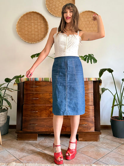 1970's vintage true blue denim midi skirt with yellow stitching