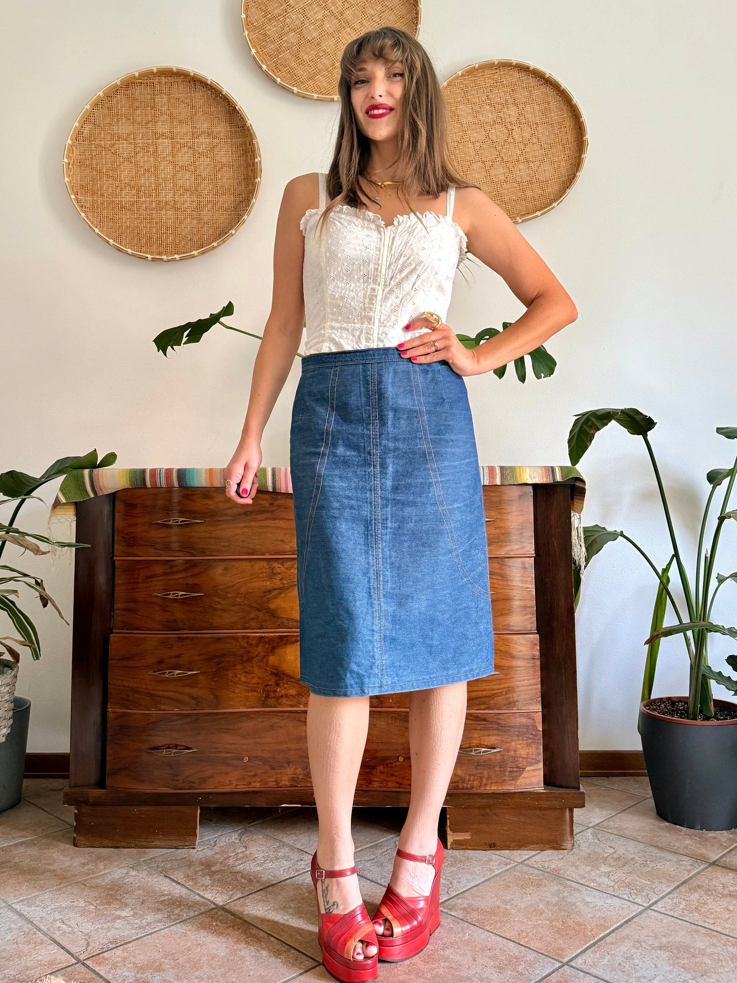 1970's vintage true blue denim midi skirt with yellow stitching