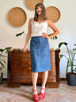 1970's vintage true blue denim midi skirt with yellow stitching
