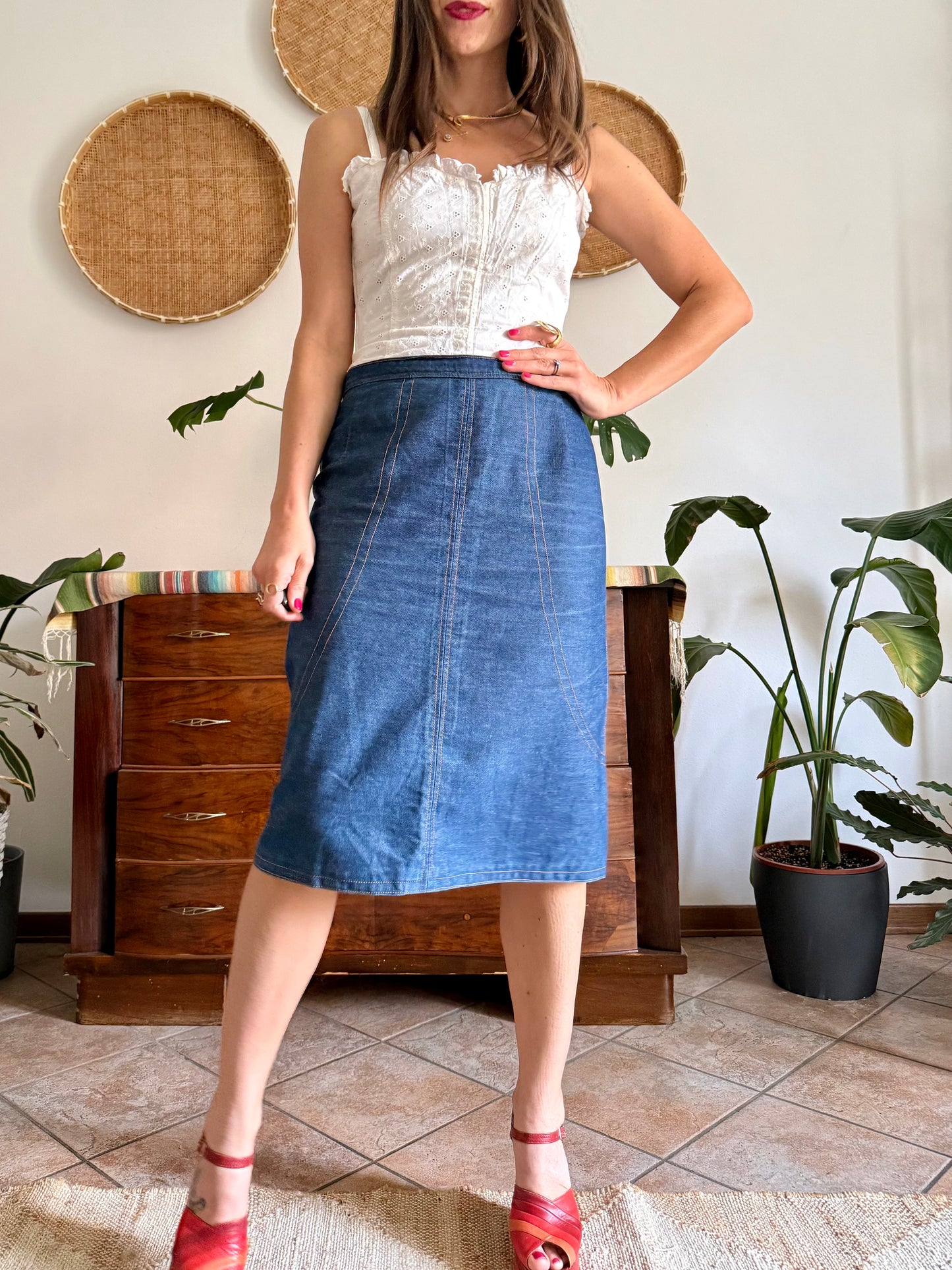 1970's vintage true blue denim midi skirt with yellow stitching