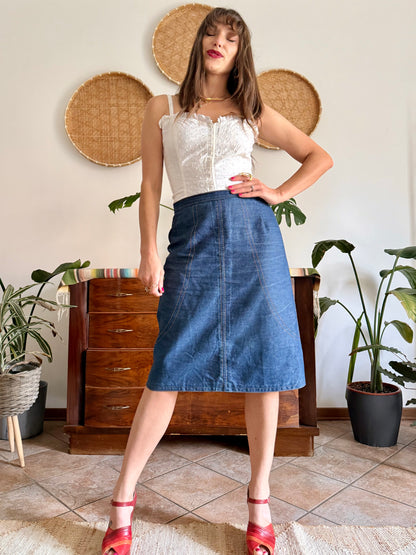 1970's vintage true blue denim midi skirt with yellow stitching
