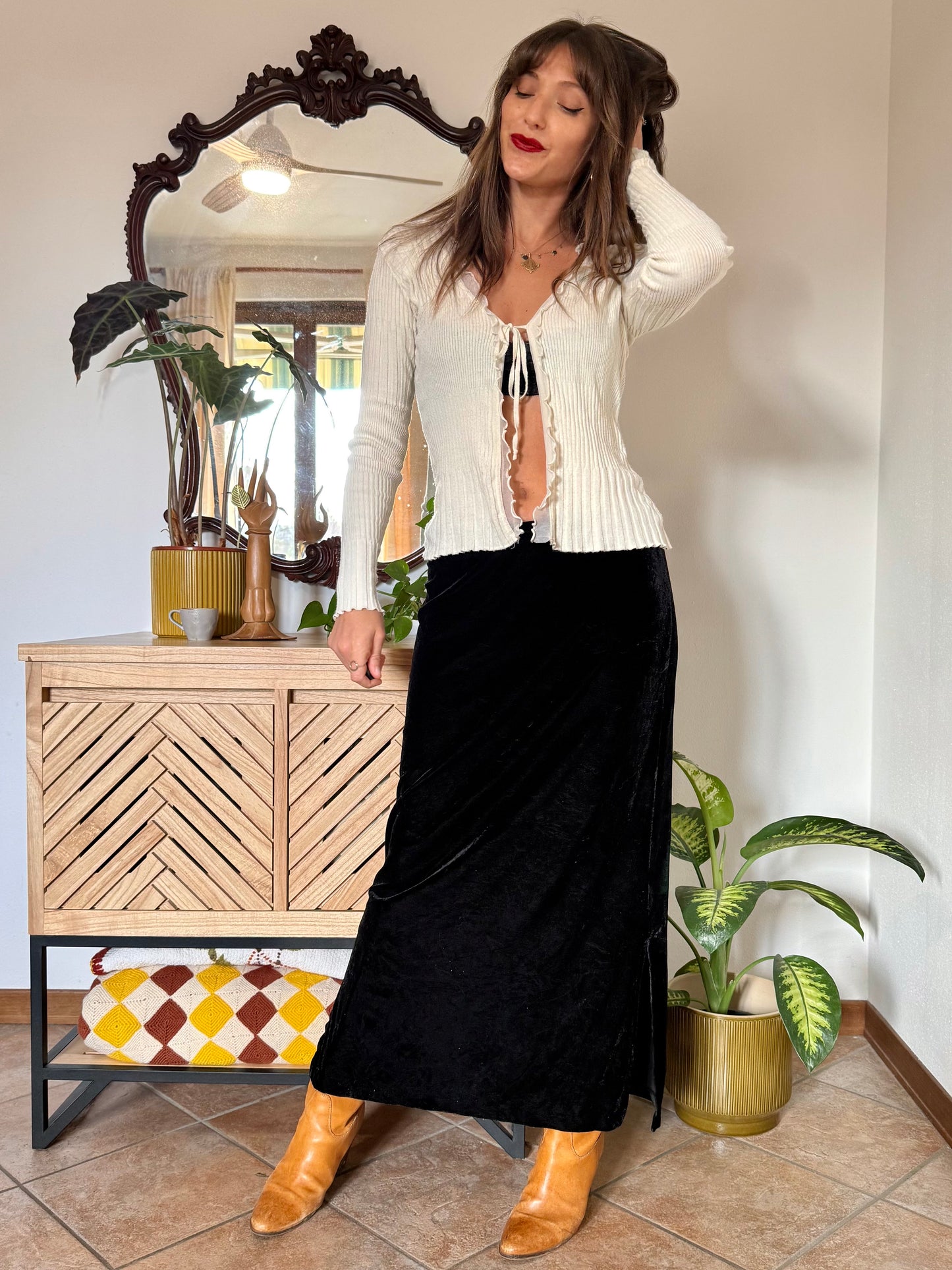 1990's vintage black velvet low waist maxi skirt with side slits
