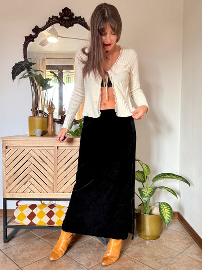 1990's vintage black velvet low waist maxi skirt with side slits