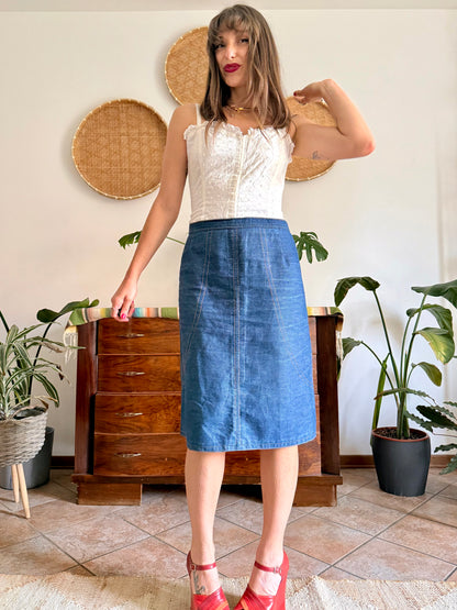 1970's vintage true blue denim midi skirt with yellow stitching