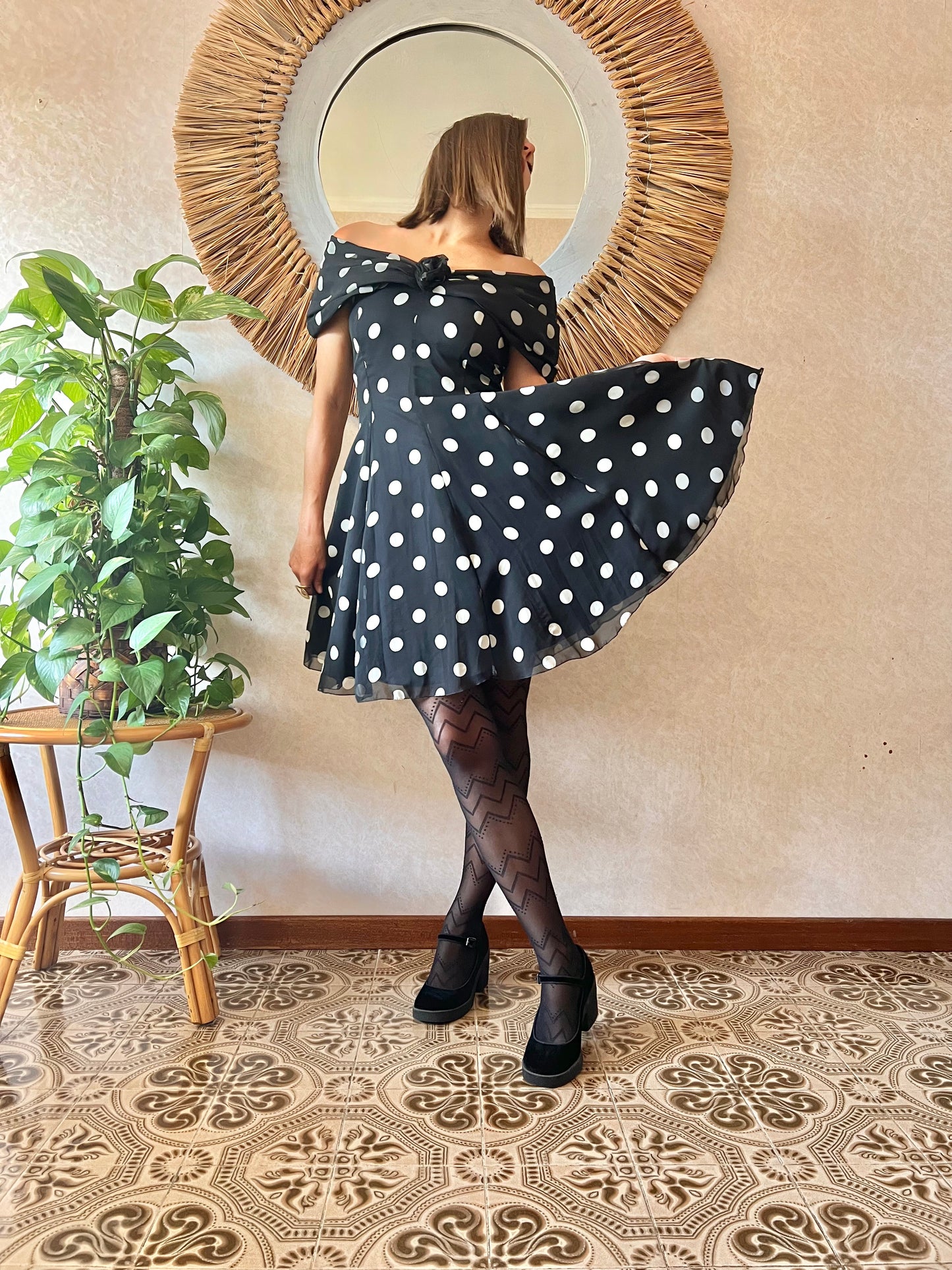 1980's vintage off the shoulder black and white polka dot mini dress