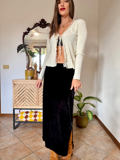 1990's vintage black velvet low waist maxi skirt with side slits
