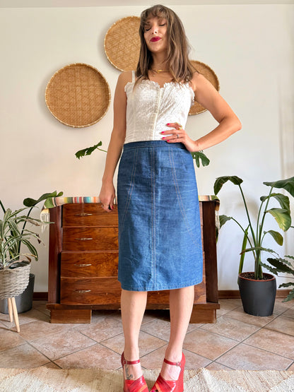 1970's vintage true blue denim midi skirt with yellow stitching