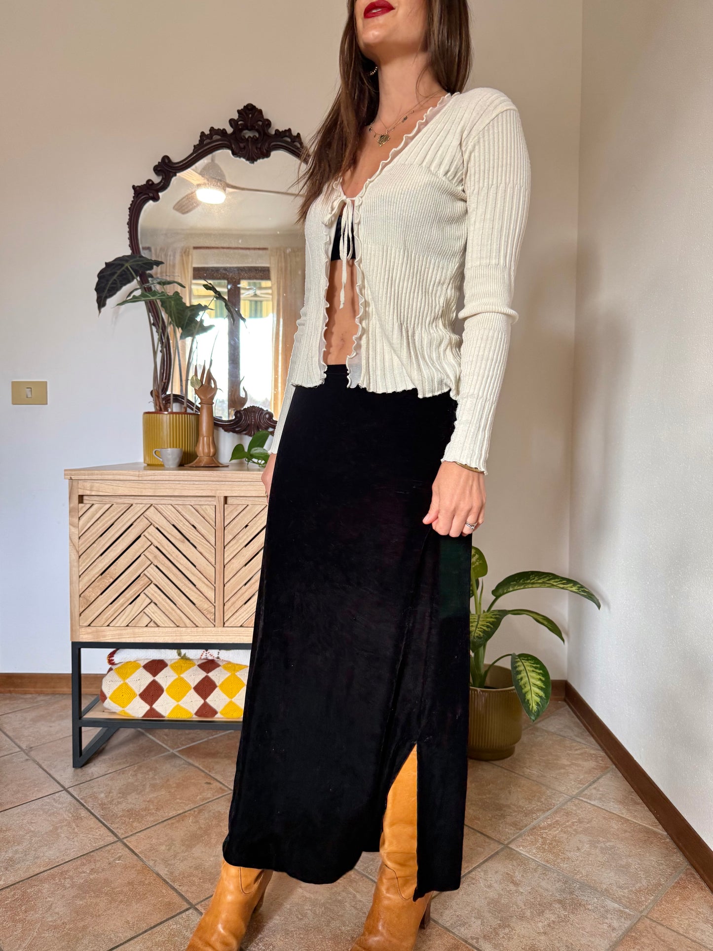 1990's vintage black velvet low waist maxi skirt with side slits