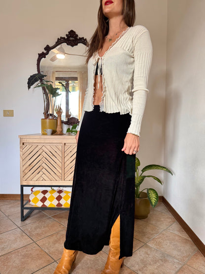 1990's vintage black velvet low waist maxi skirt with side slits