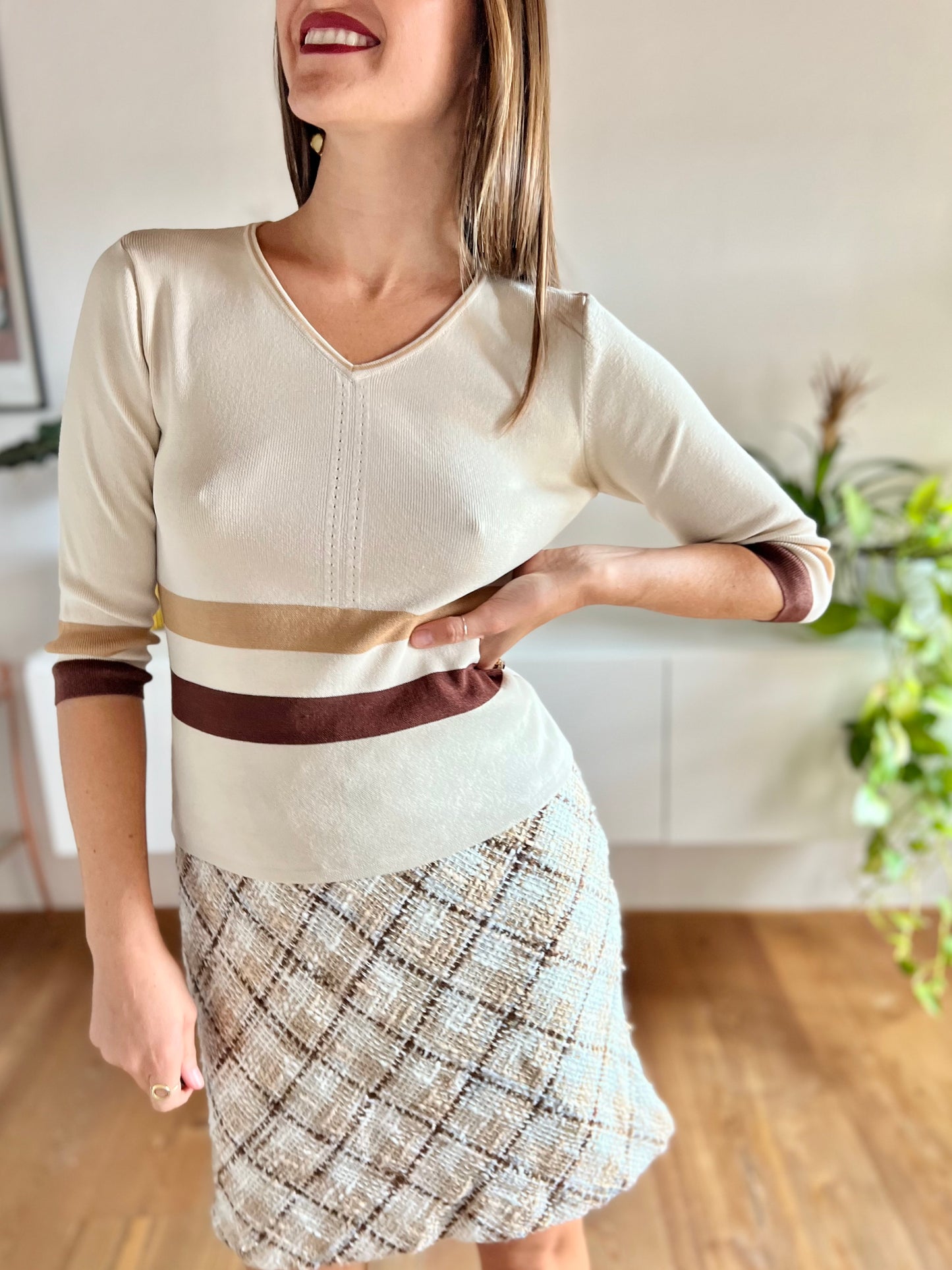 1970'S vintage beige knit top with brown and tan stripes