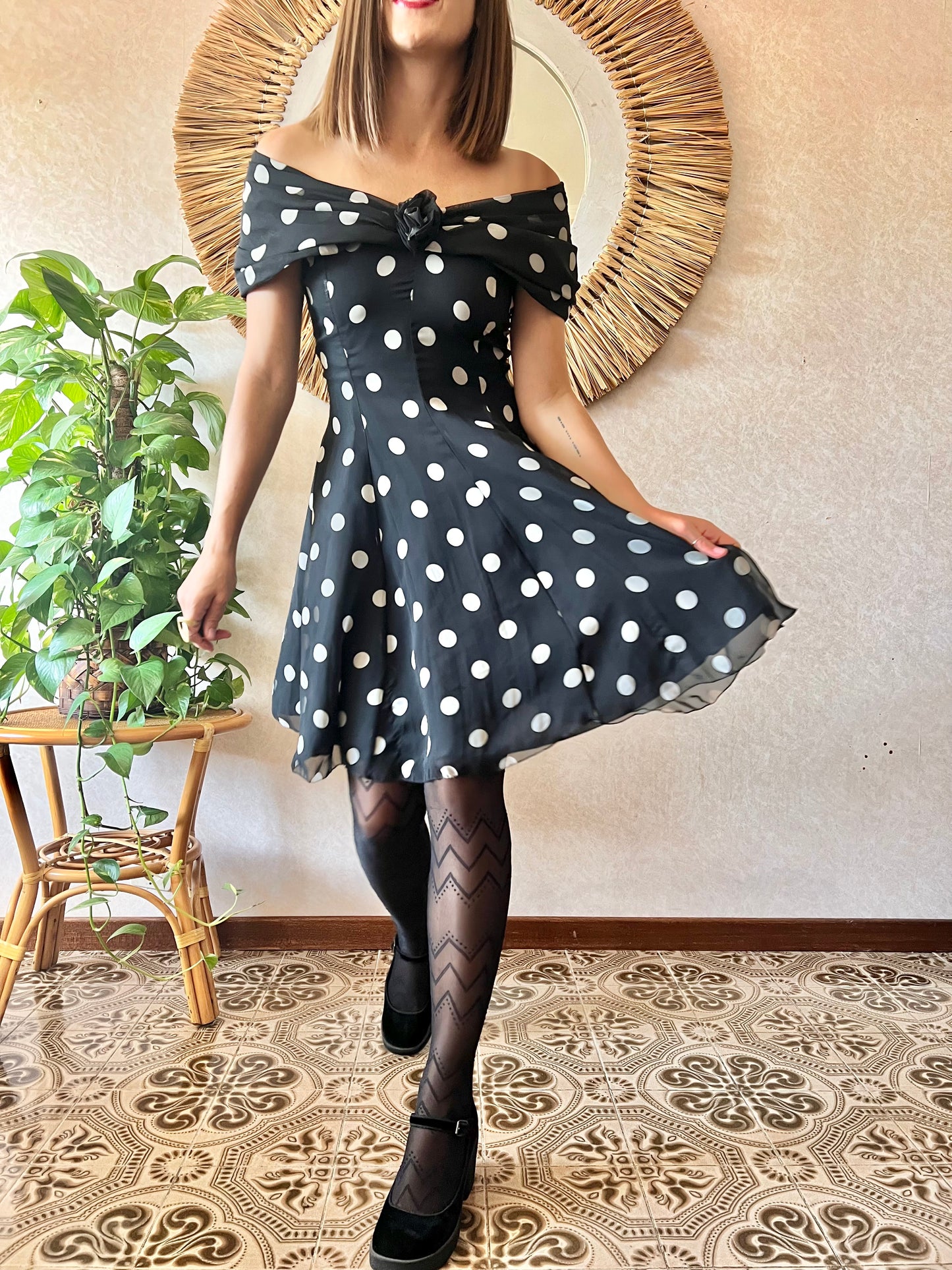 1980's vintage off the shoulder black and white polka dot mini dress