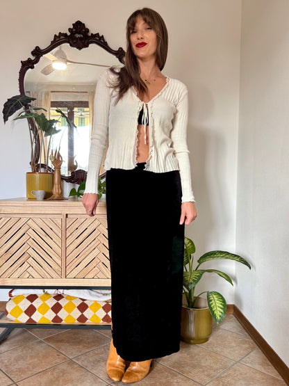 1990's vintage black velvet low waist maxi skirt with side slits