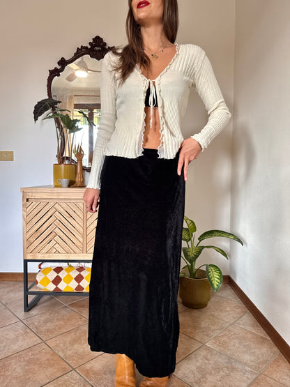 1990's vintage black velvet low waist maxi skirt with side slits